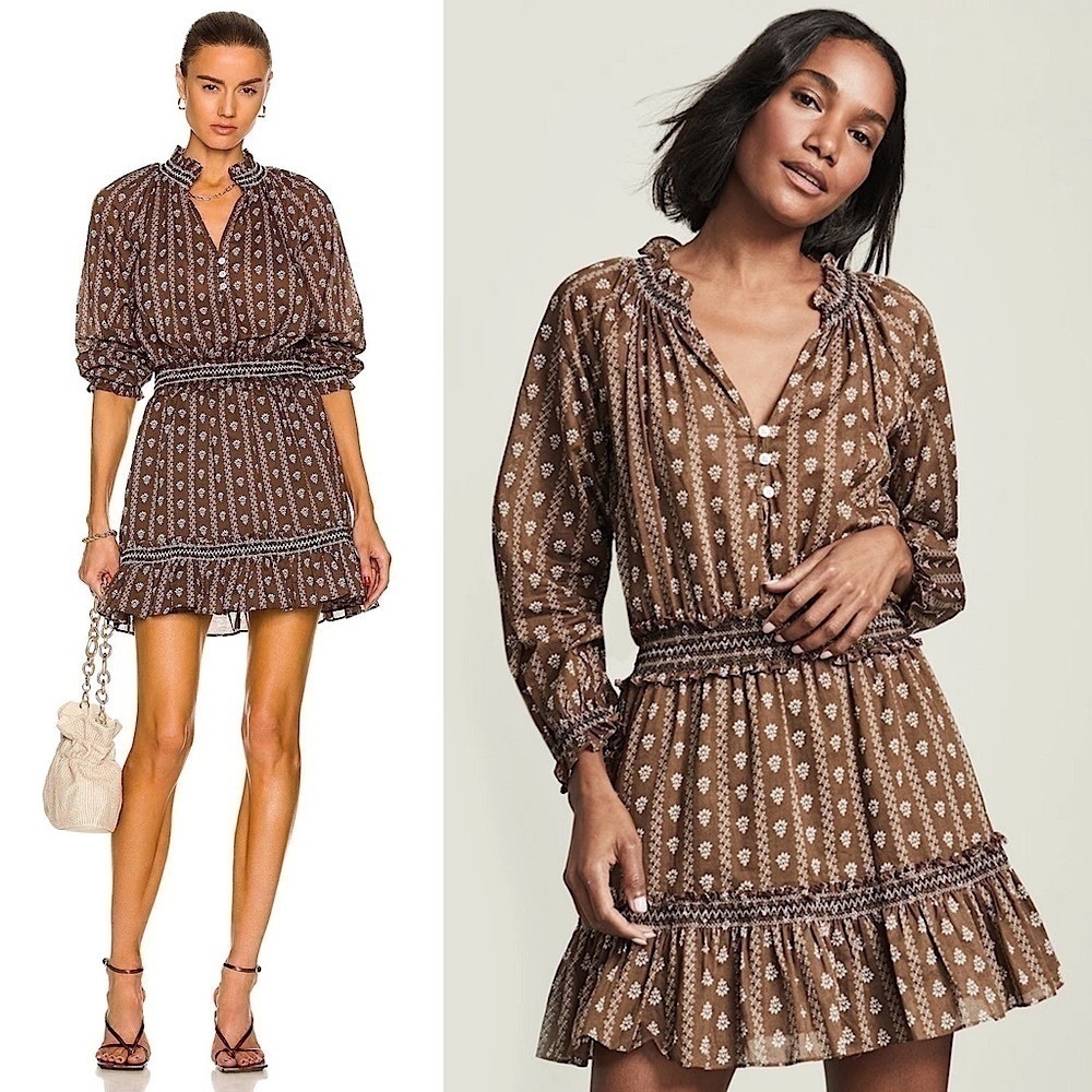 Nwt Veronica Beard Floral Puffed Long Sleeve Embroidered Smocked Ruffled Dress M